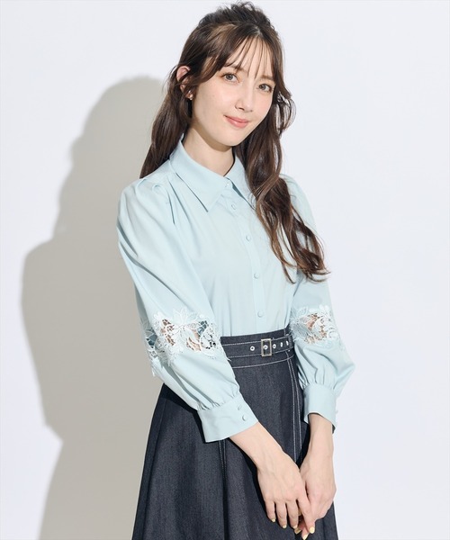 SWINGLE（スウィングル）の「レース切替スリーブシャツブラウス（シャツ/ブラウス・レディース・ネイビー/ミント/ピンク/ライトベージュ・FREE）」の14枚目の写真