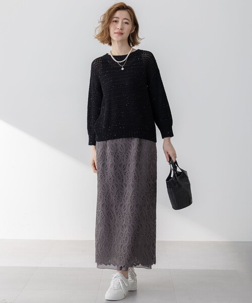 【23区Lサイズ】今季物！着痩せ効果ありました^_^ラメ入りスカート♪ セール】【洗える】ジオメトリックレース Iライン スカート（スカート