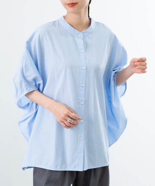 現行✨ティッカ　ストライプ　シャツ　ブラウス　フリーサイズ　ソメロス　青×白 FESHORNI シャツ ブラウス 長袖 ストライプ 青 白 S *A972