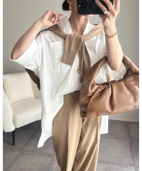 ANGIE(アンジー)の「バンドカラー チュニック シャツ / オフィスカジュアル / 通勤 / 夏服(シャツ/ブラウス・レディース・ホワイト/サックスブルー/ブラック/ブラック系その他/ブルー系その他/グリーン系その他/イエロー系その他/ネイビー・FREE)」の13枚目の写真