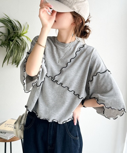 classicalelf（クラシカルエルフ）の「Tシャツより可愛く、スウェットより軽やか♪ゆったりシルエット5分袖メロウ切替裏毛トップス（Tシャツ/カットソー・レディース・オートミール/チャコール/杢グレー・MEDIUM/LARGE/X-LARGE/SMALL）」の2枚目の写真