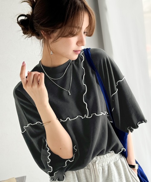 classicalelf（クラシカルエルフ）の「Tシャツより可愛く、スウェットより軽やか♪ゆったりシルエット5分袖メロウ切替裏毛トップス（Tシャツ/カットソー・レディース・オートミール/チャコール/杢グレー・MEDIUM/LARGE/X-LARGE/SMALL）」の3枚目の写真