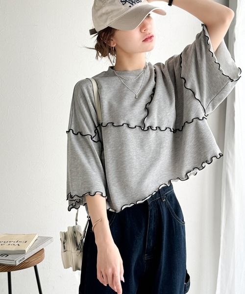 classicalelf（クラシカルエルフ）の「Tシャツより可愛く、スウェットより軽やか♪ゆったりシルエット5分袖メロウ切替裏毛トップス（Tシャツ/カットソー・レディース・オートミール/チャコール/杢グレー・MEDIUM/LARGE/X-LARGE/SMALL）」の7枚目の写真