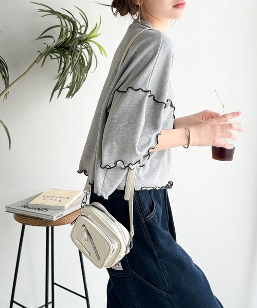 classicalelf（クラシカルエルフ）の「Tシャツより可愛く、スウェットより軽やか♪ゆったりシルエット5分袖メロウ切替裏毛トップス（Tシャツ/カットソー・レディース・オートミール/チャコール/杢グレー・MEDIUM/LARGE/X-LARGE/SMALL）」の8枚目の写真