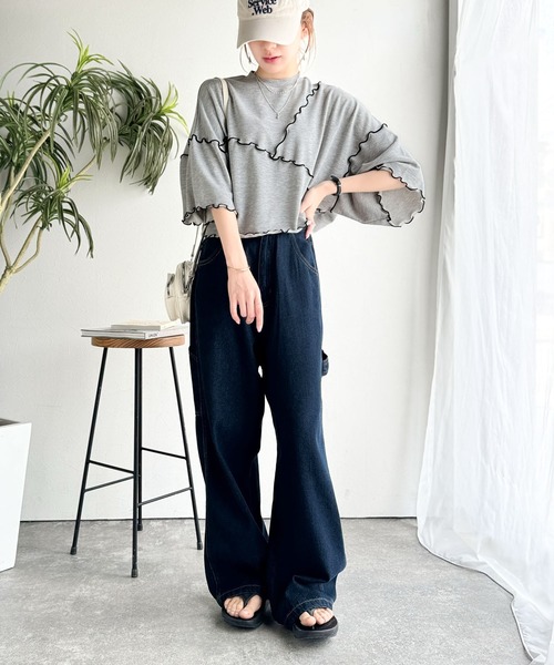 classicalelf（クラシカルエルフ）の「Tシャツより可愛く、スウェットより軽やか♪ゆったりシルエット5分袖メロウ切替裏毛トップス（Tシャツ/カットソー・レディース・オートミール/チャコール/杢グレー・MEDIUM/LARGE/X-LARGE/SMALL）」の9枚目の写真