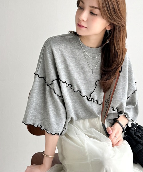 classicalelf（クラシカルエルフ）の「Tシャツより可愛く、スウェットより軽やか♪ゆったりシルエット5分袖メロウ切替裏毛トップス（Tシャツ/カットソー・レディース・オートミール/チャコール/杢グレー・MEDIUM/LARGE/X-LARGE/SMALL）」の10枚目の写真