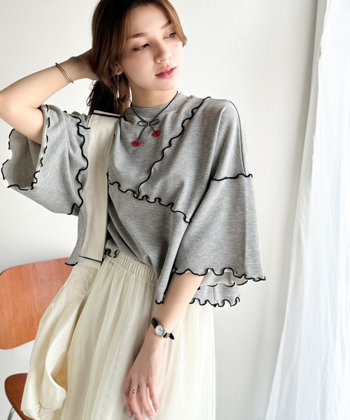 classicalelf（クラシカルエルフ）の「Tシャツより可愛く、スウェットより軽やか♪ゆったりシルエット5分袖メロウ切替裏毛トップス（Tシャツ/カットソー・レディース・オートミール/チャコール/杢グレー・MEDIUM/LARGE/X-LARGE/SMALL）」の11枚目の写真
