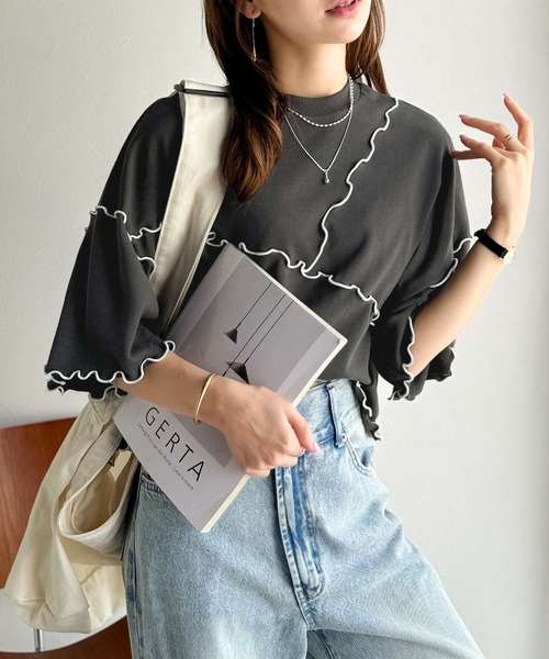classicalelf（クラシカルエルフ）の「Tシャツより可愛く、スウェットより軽やか♪ゆったりシルエット5分袖メロウ切替裏毛トップス（Tシャツ/カットソー・レディース・オートミール/チャコール/杢グレー・MEDIUM/LARGE/X-LARGE/SMALL）」の5枚目の写真