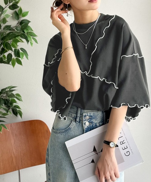 classicalelf（クラシカルエルフ）の「Tシャツより可愛く、スウェットより軽やか♪ゆったりシルエット5分袖メロウ切替裏毛トップス（Tシャツ/カットソー・レディース・オートミール/チャコール/杢グレー・MEDIUM/LARGE/X-LARGE/SMALL）」の15枚目の写真