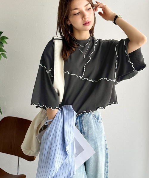 classicalelf（クラシカルエルフ）の「Tシャツより可愛く、スウェットより軽やか♪ゆったりシルエット5分袖メロウ切替裏毛トップス（Tシャツ/カットソー・レディース・オートミール/チャコール/杢グレー・MEDIUM/LARGE/X-LARGE/SMALL）」の17枚目の写真