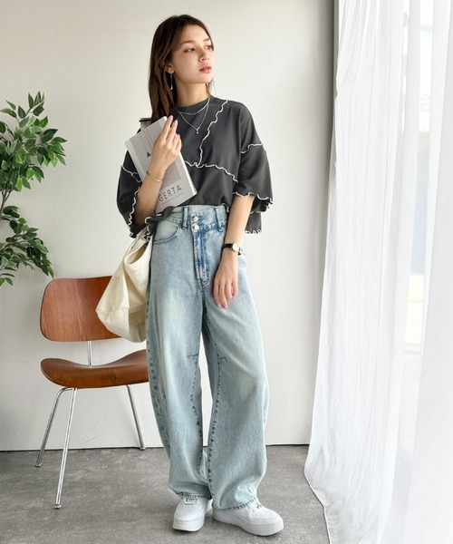 classicalelf（クラシカルエルフ）の「Tシャツより可愛く、スウェットより軽やか♪ゆったりシルエット5分袖メロウ切替裏毛トップス（Tシャツ/カットソー・レディース・オートミール/チャコール/杢グレー・MEDIUM/LARGE/X-LARGE/SMALL）」の18枚目の写真