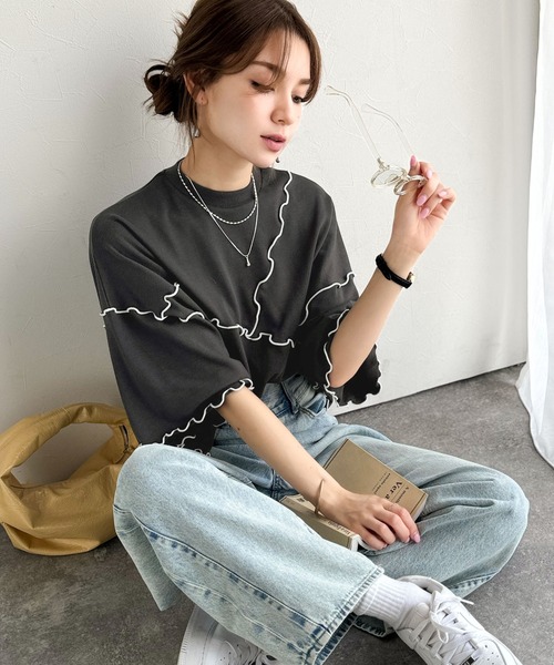 classicalelf（クラシカルエルフ）の「Tシャツより可愛く、スウェットより軽やか♪ゆったりシルエット5分袖メロウ切替裏毛トップス（Tシャツ/カットソー・レディース・オートミール/チャコール/杢グレー・MEDIUM/LARGE/X-LARGE/SMALL）」の12枚目の写真