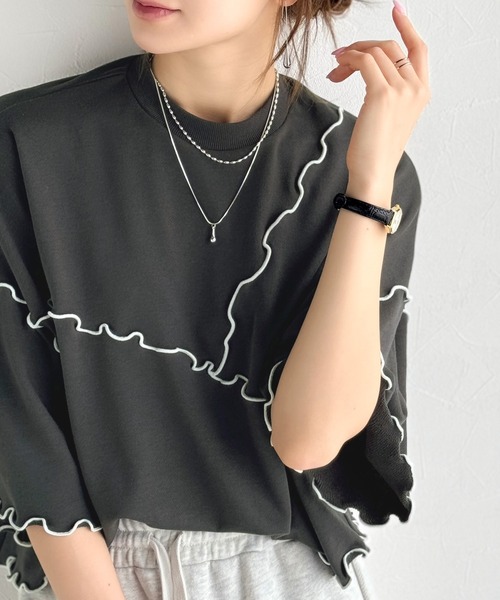 classicalelf（クラシカルエルフ）の「Tシャツより可愛く、スウェットより軽やか♪ゆったりシルエット5分袖メロウ切替裏毛トップス（Tシャツ/カットソー・レディース・オートミール/チャコール/杢グレー・MEDIUM/LARGE/X-LARGE/SMALL）」の14枚目の写真