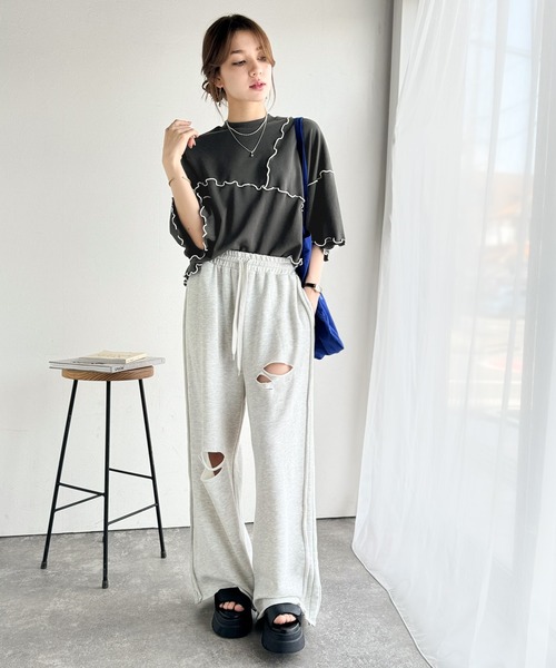 classicalelf（クラシカルエルフ）の「Tシャツより可愛く、スウェットより軽やか♪ゆったりシルエット5分袖メロウ切替裏毛トップス（Tシャツ/カットソー・レディース・オートミール/チャコール/杢グレー・MEDIUM/LARGE/X-LARGE/SMALL）」の19枚目の写真