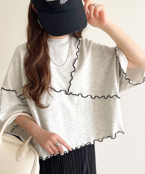 classicalelf（クラシカルエルフ）の「Tシャツより可愛く、スウェットより軽やか♪ゆったりシルエット5分袖メロウ切替裏毛トップス（Tシャツ/カットソー・レディース・オートミール/チャコール/杢グレー・MEDIUM/LARGE/X-LARGE/SMALL）」の22枚目の写真