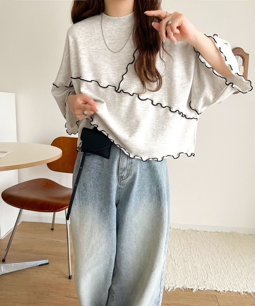 classicalelf（クラシカルエルフ）の「Tシャツより可愛く、スウェットより軽やか♪ゆったりシルエット5分袖メロウ切替裏毛トップス（Tシャツ/カットソー・レディース・オートミール/チャコール/杢グレー・MEDIUM/LARGE/X-LARGE/SMALL）」の21枚目の写真