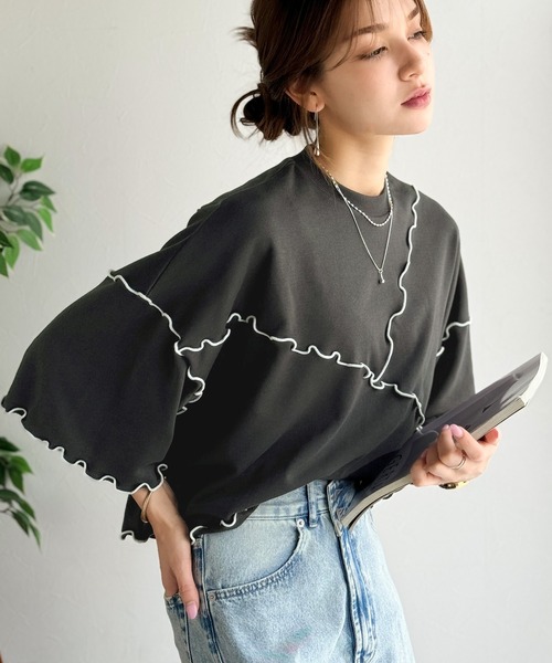 classicalelf（クラシカルエルフ）の「Tシャツより可愛く、スウェットより軽やか♪ゆったりシルエット5分袖メロウ切替裏毛トップス（Tシャツ/カットソー・レディース・オートミール/チャコール/杢グレー・MEDIUM/LARGE/X-LARGE/SMALL）」の13枚目の写真