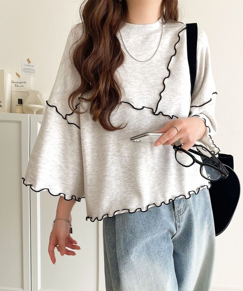 classicalelf（クラシカルエルフ）の「Tシャツより可愛く、スウェットより軽やか♪ゆったりシルエット5分袖メロウ切替裏毛トップス（Tシャツ/カットソー・レディース・オートミール/チャコール/杢グレー・MEDIUM/LARGE/X-LARGE/SMALL）」の6枚目の写真
