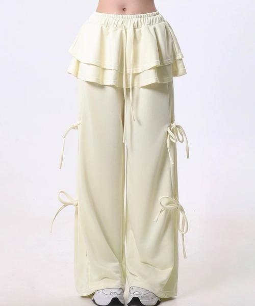 ampm（エーエムピーエム）の「レイヤードスカート フリル サイドリボン スウェットパンツ（スウェットパンツ・レディース・ライトグレー/ブラック/アイボリー/ダークグレー・FREE）」の2枚目の写真