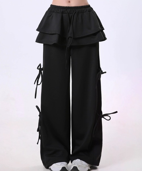 ampm（エーエムピーエム）の「レイヤードスカート フリル サイドリボン スウェットパンツ（スウェットパンツ・レディース・ライトグレー/ブラック/アイボリー/ダークグレー・FREE）」の3枚目の写真