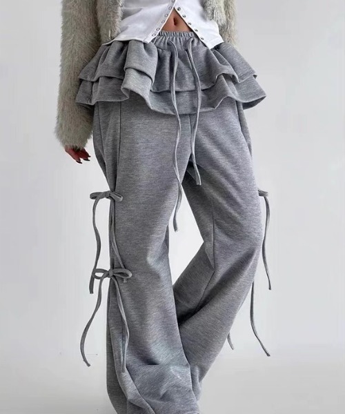 ampm（エーエムピーエム）の「レイヤードスカート フリル サイドリボン スウェットパンツ（スウェットパンツ・レディース・ライトグレー/ブラック/アイボリー/ダークグレー・FREE）」の19枚目の写真
