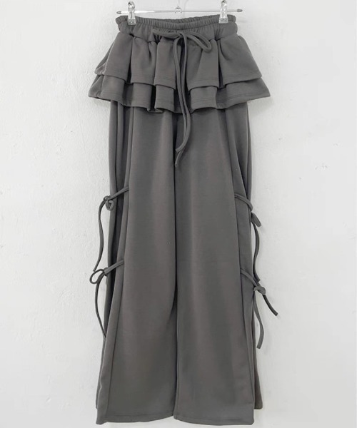 ampm（エーエムピーエム）の「レイヤードスカート フリル サイドリボン スウェットパンツ（スウェットパンツ・レディース・ライトグレー/ブラック/アイボリー/ダークグレー・FREE）」の5枚目の写真