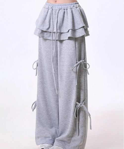 ampm（エーエムピーエム）の「レイヤードスカート フリル サイドリボン スウェットパンツ（スウェットパンツ・レディース・ライトグレー/ブラック/アイボリー/ダークグレー・FREE）」の13枚目の写真