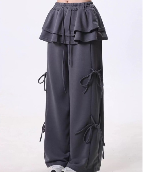 ampm（エーエムピーエム）の「レイヤードスカート フリル サイドリボン スウェットパンツ（スウェットパンツ・レディース・ライトグレー/ブラック/アイボリー/ダークグレー・FREE）」の9枚目の写真