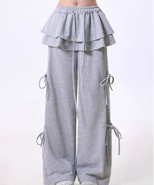 ampm（エーエムピーエム）の「レイヤードスカート フリル サイドリボン スウェットパンツ（スウェットパンツ・レディース・ライトグレー/ブラック/アイボリー/ダークグレー・FREE）」の12枚目の写真