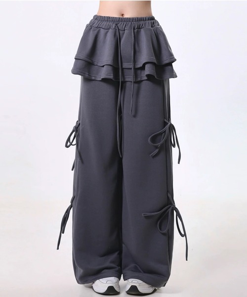 ampm（エーエムピーエム）の「レイヤードスカート フリル サイドリボン スウェットパンツ（スウェットパンツ・レディース・ライトグレー/ブラック/アイボリー/ダークグレー・FREE）」の8枚目の写真