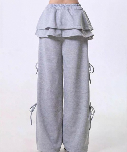 ampm（エーエムピーエム）の「レイヤードスカート フリル サイドリボン スウェットパンツ（スウェットパンツ・レディース・ライトグレー/ブラック/アイボリー/ダークグレー・FREE）」の11枚目の写真