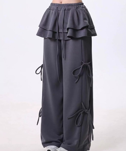 ampm（エーエムピーエム）の「レイヤードスカート フリル サイドリボン スウェットパンツ（スウェットパンツ・レディース・ライトグレー/ブラック/アイボリー/ダークグレー・FREE）」の6枚目の写真