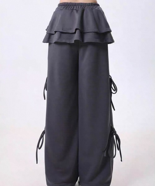 ampm（エーエムピーエム）の「レイヤードスカート フリル サイドリボン スウェットパンツ（スウェットパンツ・レディース・ライトグレー/ブラック/アイボリー/ダークグレー・FREE）」の7枚目の写真