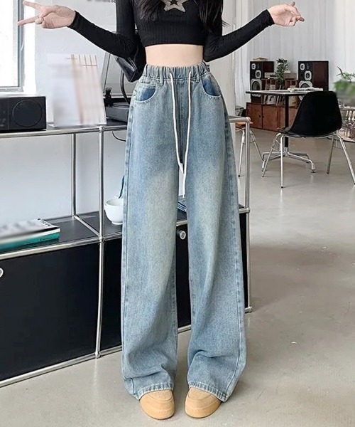 shoppinggo(ショッピングゴー)の「デニム ワイドパンツ ウエストゴム(デニムパンツ・レディース・ブルー系その他/ブルー・L/M)」の3枚目の写真
