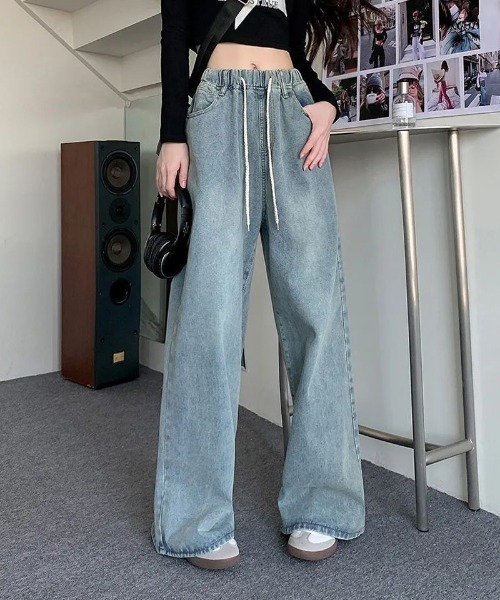 shoppinggo(ショッピングゴー)の「デニム ワイドパンツ ウエストゴム(デニムパンツ・レディース・ブルー系その他/ブルー・L/M)」の4枚目の写真