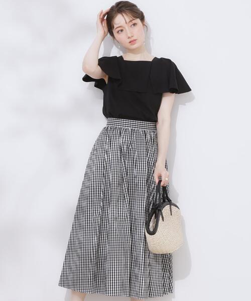 couture brooch（クチュールブローチ）の「【大人可愛い・ゴム仕様】ギンガムチェック　タック＆ギャザースカート（スカート・レディース・ブラック系1/ネイビー系1・40/38/36/42）」の5枚目の写真