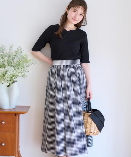 couture brooch（クチュールブローチ）の「【大人可愛い・ゴム仕様】ギンガムチェック　タック＆ギャザースカート（スカート・レディース・ブラック系1/ネイビー系1・40/38/36/42）」の6枚目の写真