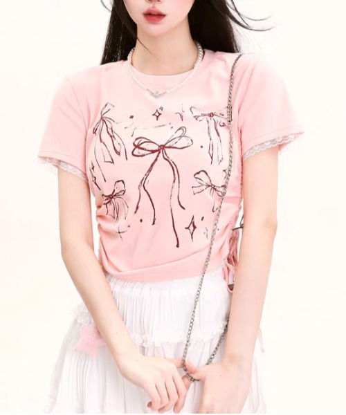 AsheKsha(アシクシャ)の「【新作】レースフリル クロップトップ|ドローストリングで叶える夏のピュアガーリースタイル(Tシャツ/カットソー・レディース・ブラック/ホワイト/ピンク・F)」の9枚目の写真