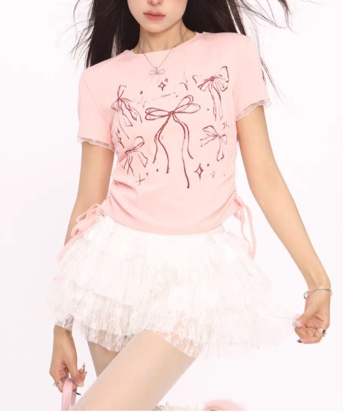 AsheKsha(アシクシャ)の「【新作】レースフリル クロップトップ|ドローストリングで叶える夏のピュアガーリースタイル(Tシャツ/カットソー・レディース・ブラック/ホワイト/ピンク・F)」の10枚目の写真