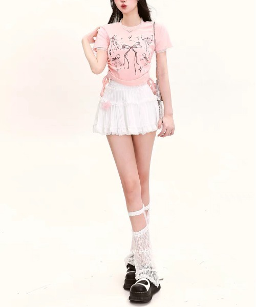 AsheKsha(アシクシャ)の「【新作】レースフリル クロップトップ|ドローストリングで叶える夏のピュアガーリースタイル(Tシャツ/カットソー・レディース・ブラック/ホワイト/ピンク・F)」の11枚目の写真