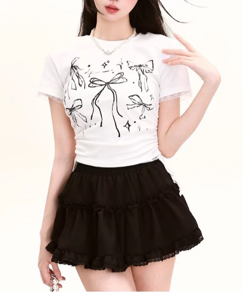 AsheKsha(アシクシャ)の「【新作】レースフリル クロップトップ|ドローストリングで叶える夏のピュアガーリースタイル(Tシャツ/カットソー・レディース・ブラック/ホワイト/ピンク・F)」の17枚目の写真