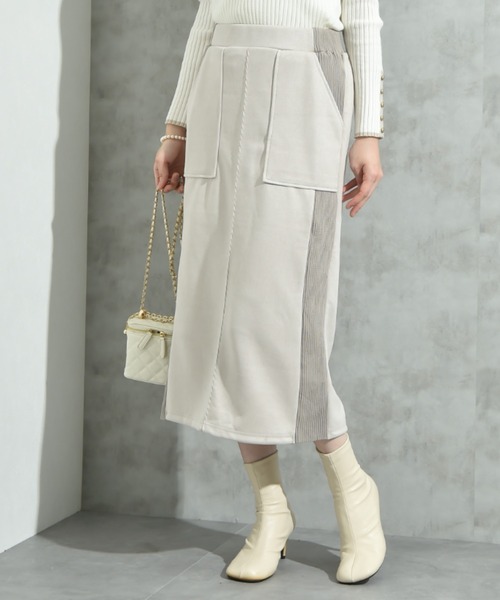 INTERPLANET（インタープラネット）の「スエード＊リブワークスカート（スカート・レディース・チャコールグレー/グレイッシュベージュ/ブラック・FREE）」の2枚目の写真