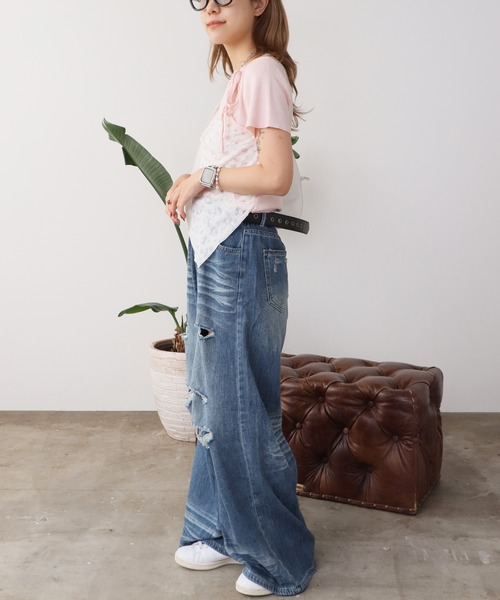 ROOPTOKYO(ループトウキョウ)の「Washed Damaged Flared Denim / ウォッシュ加工 ダメージフレアデニム(デニムパンツ・レディース・ダークブルー/ライトブルー・M/S)」の12枚目の写真