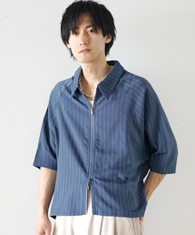 【MinoriTY】シャドウストライプショート丈ダブルジップスイングトップ 半袖シャツ メンズ 夏服