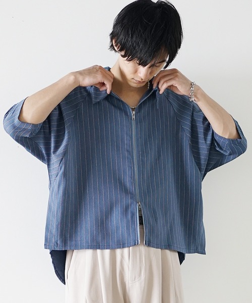 MinoriTY（マイノリティ）の「【MinoriTY】シャドウストライプショート丈ダブルジップスイングトップ 半袖シャツ メンズ 夏服（シャツ/ブラウス・メンズ・チャコール/ベージュ/ブルー・M/L）」の5枚目の写真