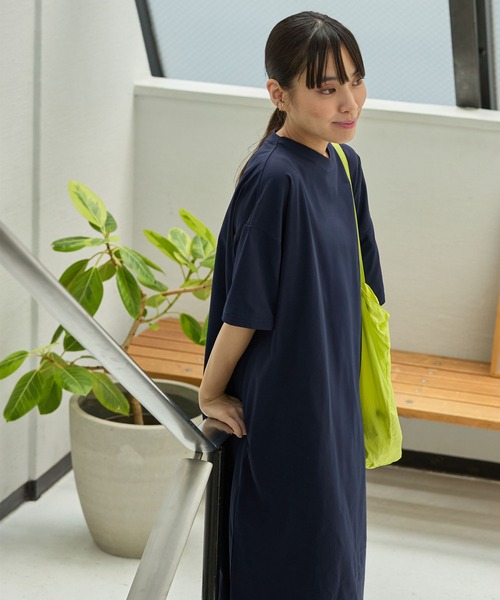 速乾＞ビッグシルエット ストレッチ 半袖Tシャツロング