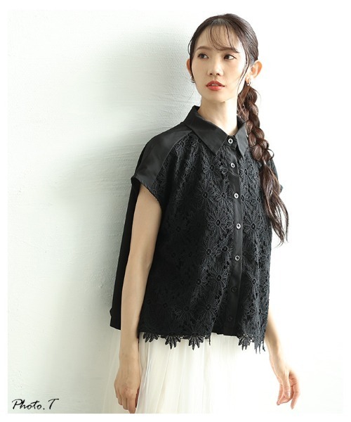 Sawa a la mode（サワアラモード）の「花柄レース切替フレンチスリーブブラウス（シャツ/ブラウス・レディース・ホワイト/ブラック・FREE）」の4枚目の写真