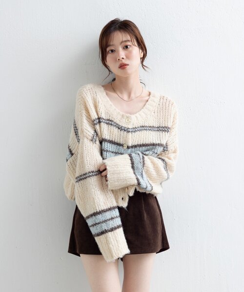 Kastane(カスタネ)の「【お気に入り1万人突破!/2WAY】ボーダーモヘアライクニット(ニット/セーター・レディース・ネイビー/サックスブルー/グリーン・FREE)」の6枚目の写真