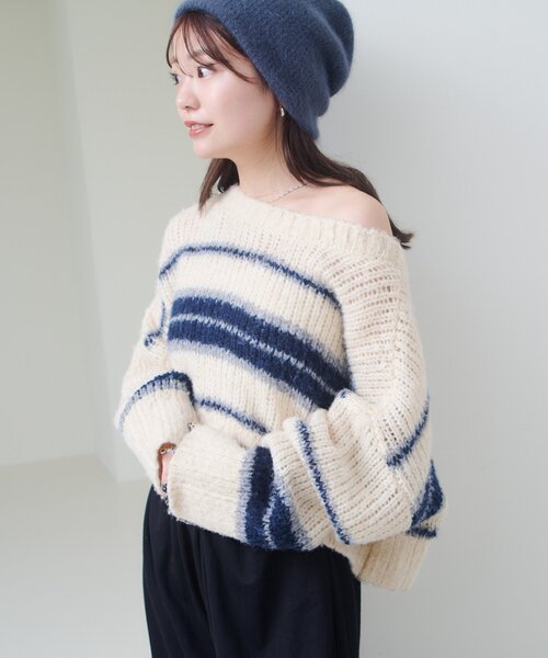 Kastane(カスタネ)の「【お気に入り1万人突破!/2WAY】ボーダーモヘアライクニット(ニット/セーター・レディース・ネイビー/サックスブルー/グリーン・FREE)」の15枚目の写真