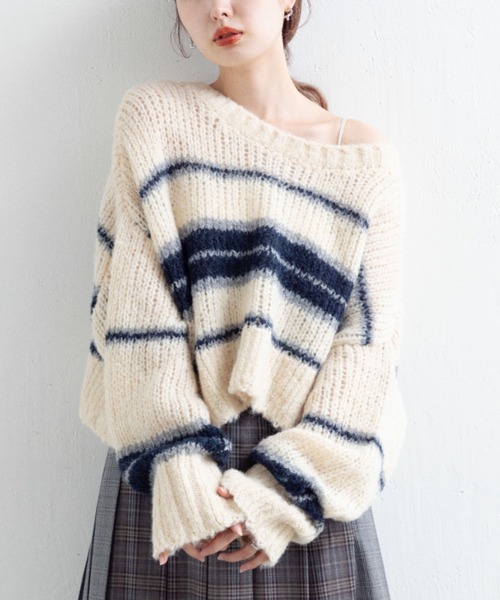 お気に入り1万人突破！/2WAY】ボーダーモヘアライクニット（ニット